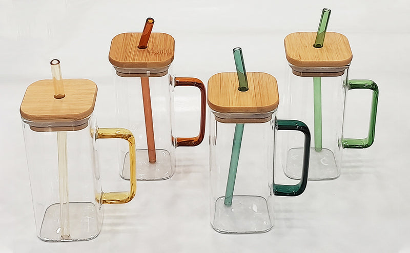 C.S. Glass Mug With Lid, Colored Handle  and Colored Straw
