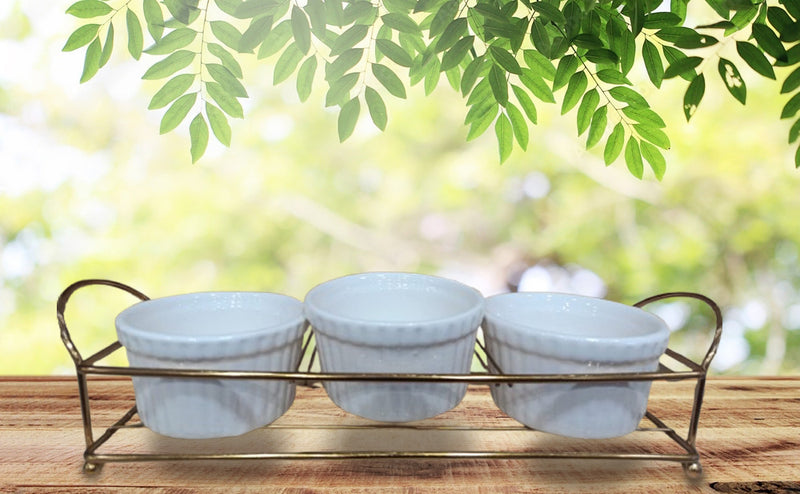 CVH Elegant White Ramekin Set with Gold Metal Rack – Set of 3 (Hot Deals promotion)