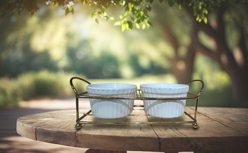 CVH Elegant White Ramekin Set with Gold Metal Rack – Set of 2 (Hot Deals promotion)