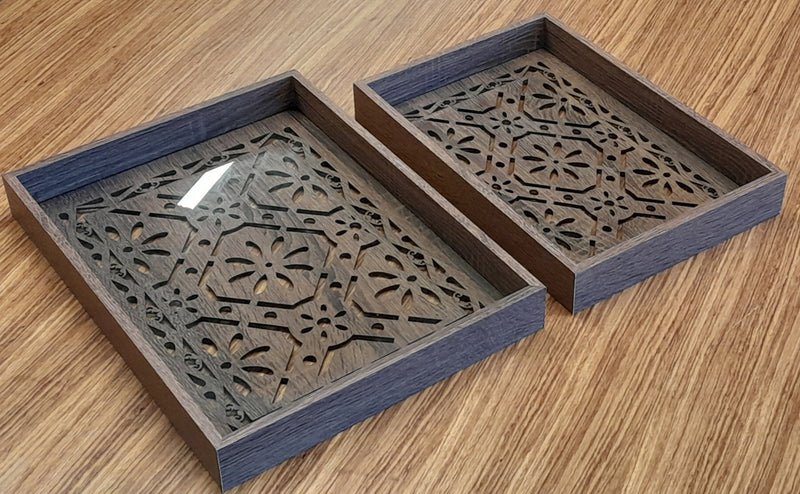 HAZ Wooden Serving Trays - 2 Pcs With Glass Base