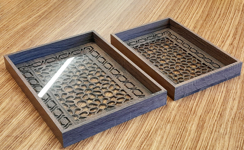 HAZ Wooden Serving Trays - 2 Pcs With Glass Base