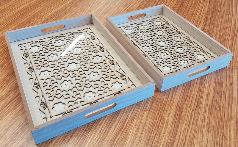 HAZ Wooden Serving Trays - 2 Pcs With Glass Base