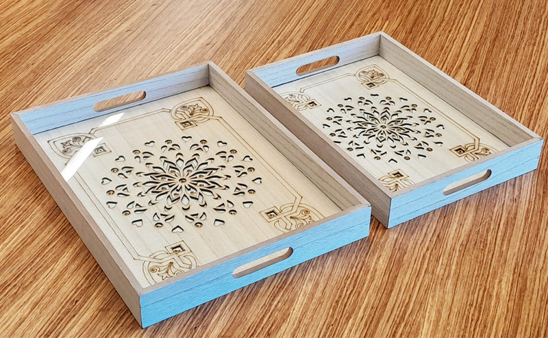 HAZ Wooden Serving Trays - 2 Pcs With Glass Base