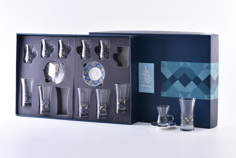 Dimlaj Glass+PORCELAIN Tea Set+Juice set 18pcs Montage Gold Blue 43268-Casavanti